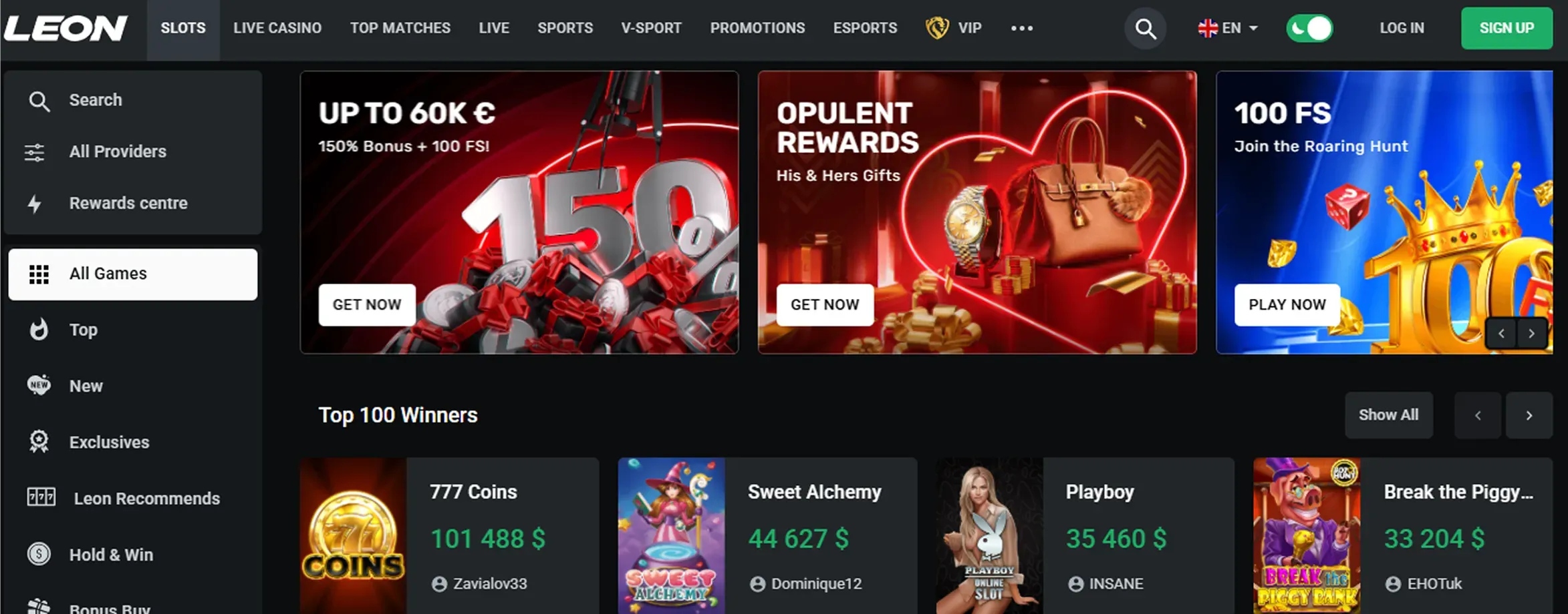 Screenshot of the Leon Casino mobile interface showing a slot game and promotional banner.